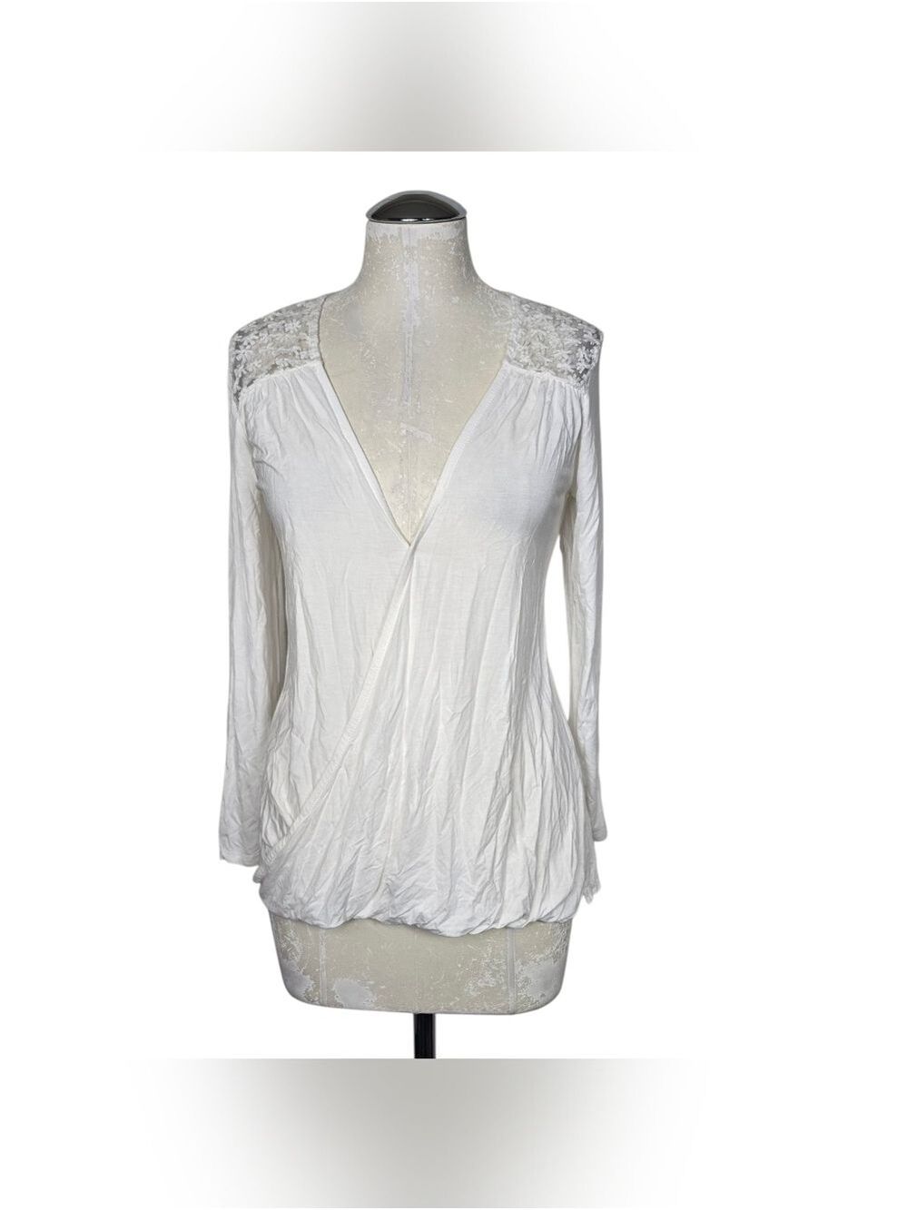 Shannon Ford New York White Faux Wrap Top Sheer Lace Long Sleeves S